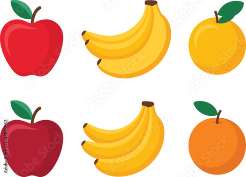 Flat fruit icons set with apple, banana, and orange isolated on white