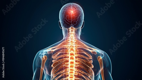 Sciatica concept. An illuminated human spine and brain, showcasing neural connections against a dark background, emphasizing anatomy and physiology.