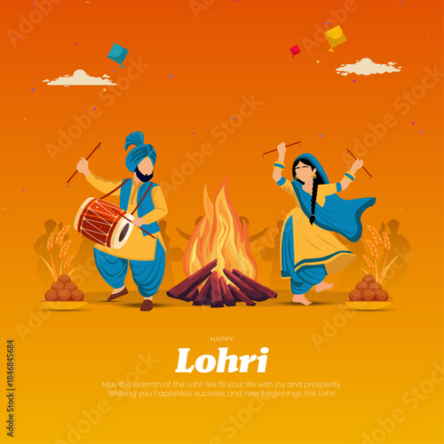 Happy Lohri Festival Celebration with Bonfire and Punjabi Dance Lohri Night Celebration vector illustration.