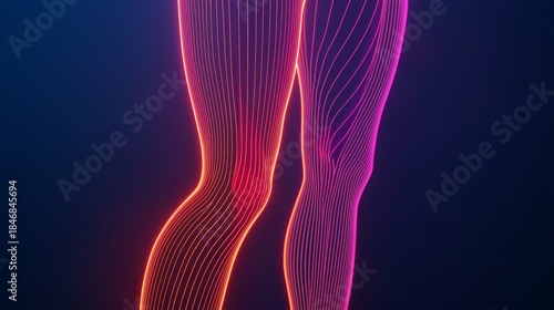 Sciatica concept. Vibrant digital representation of human legs with glowing lines and colors, creating a futuristic aesthetic.