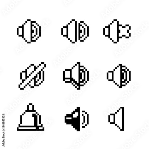 Set of pixel-art sound and volume pixel icons in retro 8-bit style, including speaker symbols, mute, loudness levels and bell notification signs for apps, games, UI and digital interfaces.