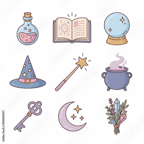 Cartoon Witchcraft and Mystical Elements Icons Collection