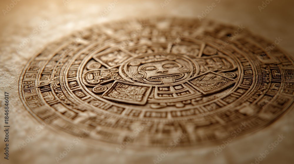 Fototapeta premium Ancient Aztec Calendar Stone Closeup on Parchment