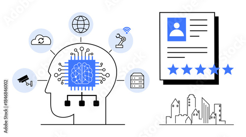 AI-infused brain connecting to global data, automation, and smart systems alongside digital identity and rating. Ideal for tech innovations, AI, data security, automation, robotics, IoT and digital
