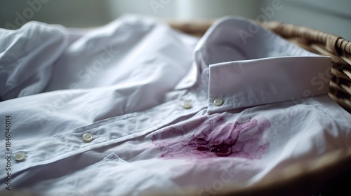 white shirt with a realistic wine stain lying in a laundry basket. Concept: Laundry care, stain removal, fabric cleaning challenges, household hygiene, domestic life, product advertising.