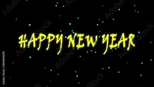 Happy New Year firework with Golden shiny, Happy New Year  lettering animation, Happy New Year golden text banner loop animation isolated word on black background