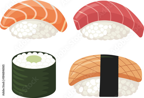 Flat vector sushi icons set with nigiri and maki