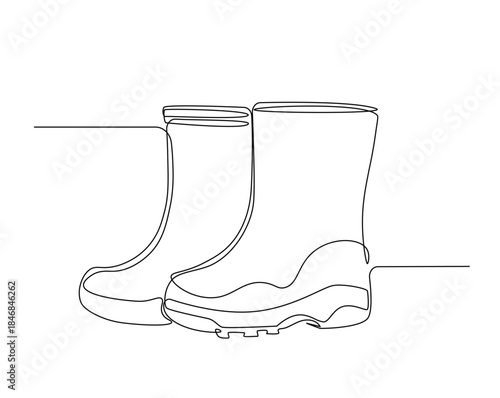 One continuous line drawing of farmer boots. Rubber boots outline drawing illustration.