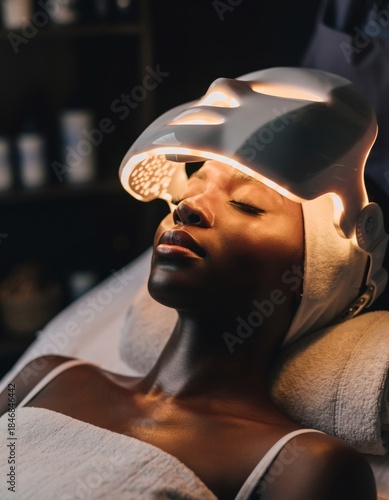 Beautiful young woman getting a led light therapy mask treatment for her face