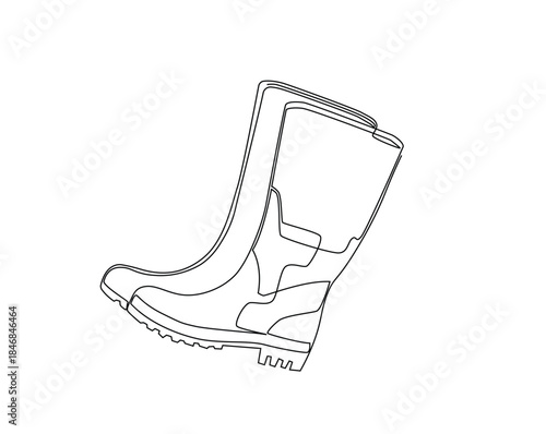 One continuous line drawing of farmer boots. Rubber boots outline drawing illustration.