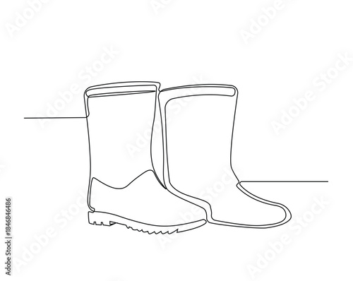 One continuous line drawing of farmer boots. Rubber boots outline drawing illustration.