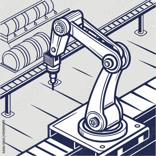 Industrial robotic arm performing precision manufacturing task on assembly line conveyor belt in factory setting, isometric line art illustration