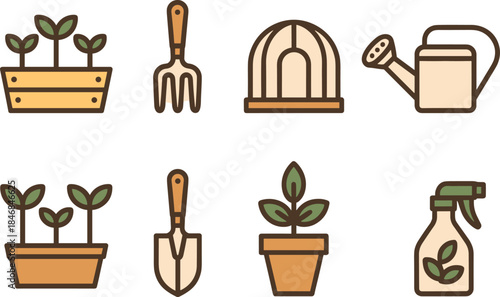 Gardening icons set illustration, plant care tools watering can greenhouse pots, minimalist flat vector nature symbols collection