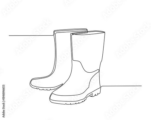 One continuous line drawing of farmer boots. Rubber boots outline drawing illustration.