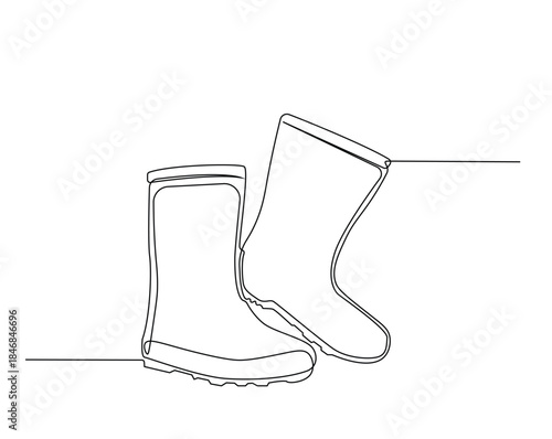 One continuous line drawing of farmer boots. Rubber boots outline drawing illustration.