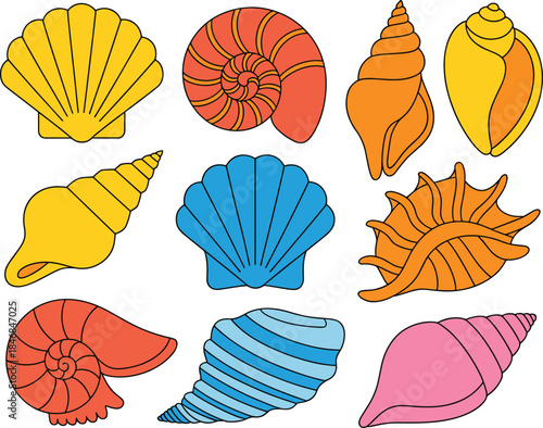 Colorful seashell icons set in flat cartoon style