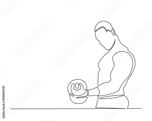 One continuous line drawing of man workout using barbell. Man training in sport gymnasium outline drawing illustration.