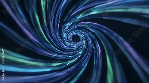 Abstract Swirling Vortex of Neon Blue and Purple Light Trails in Darkness with Glowing Particles Creating a Hypnotic Tunnel Effect