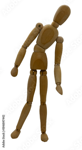 Wooden jointed figure posed as if leaning slightly to one side with the opposite foot slightly raised