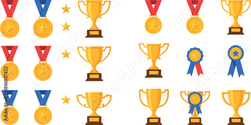 Gold Trophy and Medal Award Vector Illustration Set Featuring Winning Cups, Star Accents, and Achievement Badges for Sports Competitions, School Events, and Success Recognition Design Projects