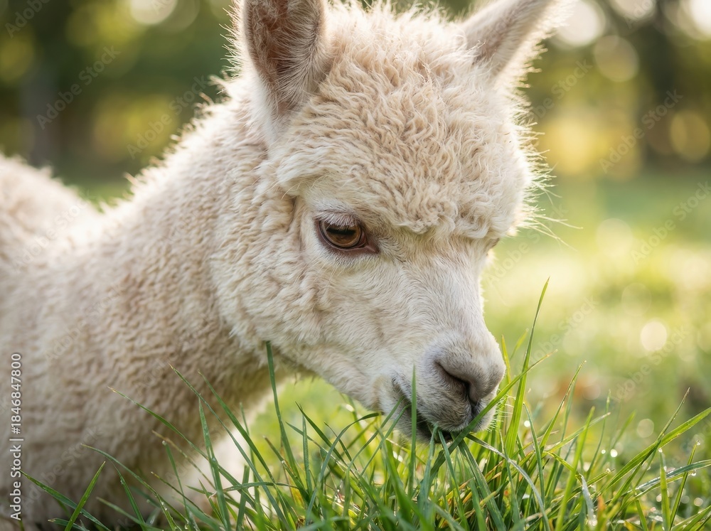 Obraz premium A fluffy baby alpaca grazes on lush green grass in a detailed close-up shot, highlighted by warm golden hour sunlight in a peaceful outdoor pasture.