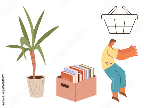 Potted plant, box of books, person lifting basket symbolizing decluttering, moving, organization, sustainability, effort teamwork. Ideal for home organization minimalism or transition. Simple flat