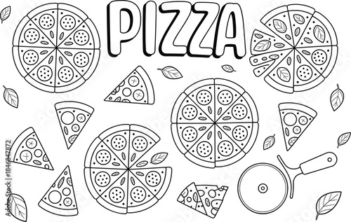 Pizza line art set with slices, whole pizzas, and cutter