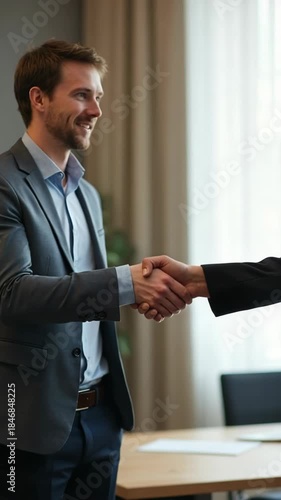 Successful caucasian male boss shakes hand in agreement, a relaxed man in business worker's handshake greeting at the office workplace, with room for indoor background success.