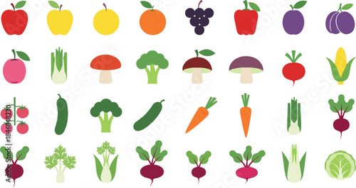 Simple Fruits and Vegetables Icon Vector Set Featuring Flat Color Produce Illustrations for Healthy Food Apps, Nutrition Guides, Educational Materials, and Grocery Design Projects