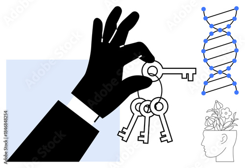 Hand holding keys symbolizing access, DNA strand for genetics, and a head with plants for growth. Ideal for concepts of knowledge, innovation, science, creativity, education, discovery