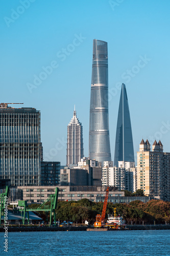 The skyline of the three tallest skyscrapers in downtown Shanghai