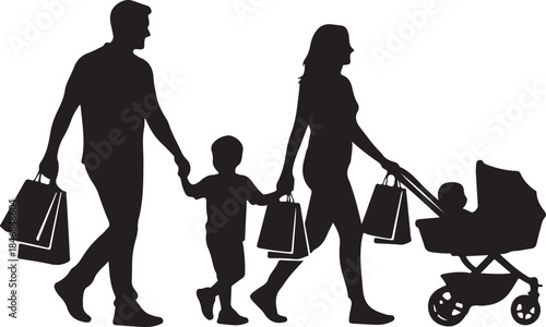 Happy Family Shopping Silhouette with Parents, Family silhouette walking with shopping bags happy togetherness