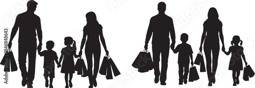 Family silhouette shopping together retail therapy concept, Family silhouettes with shopping bags,