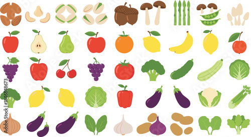 Fresh Fruits and Vegetables Vector Illustration Set Featuring Organic Produce, Healthy Plant Based Foods, and Colorful Garden Ingredients for Grocery, Nutrition, and Cooking Design Projects
