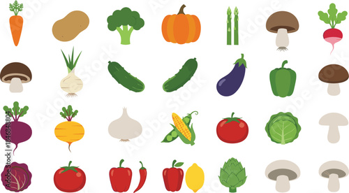 Fresh Vegetable Collection Vector Illustration Set Featuring Seasonal Garden Produce, Organic Ingredients, and Healthy Plant Based Foods for Cooking, Grocery, and Nutrition Design Projects
