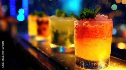 Colorful cocktails line up on a bar at night