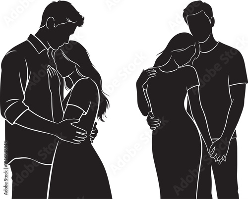 Romantic couple embracing in a silhouette illustration. Silhouette of a loving couple embracing closely.
