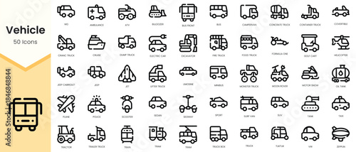 Set of vehicle icons. Simple line art style icons pack. Vector illustration