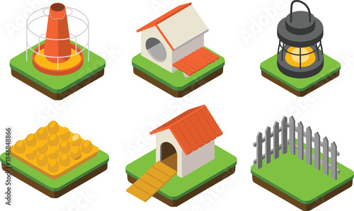 Isometric farm and pet care objects illustration set