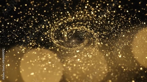 Abstract Black Hole Vortex Swirling Golden Glitter Particles Dynamic Motion Dark Background Sparkle Celebration Luxury Elegant Festive Atmosphere