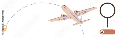 Airplane flying along a dashed-line path to location pin with magnifying glass and profile tag. Ideal for travel, tourism, exploration, navigation, journey planning, itinerary, and simple flat