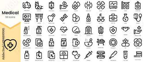 Set of medical icons. Simple line art style icons pack. Vector illustration