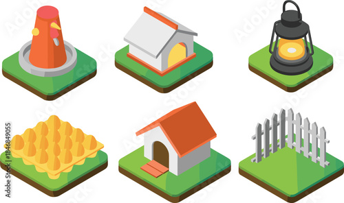 Isometric farm and pet care objects illustration set