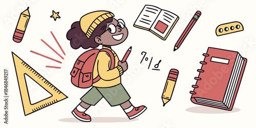Back to School Concept with Happy Schoolgirl Wearing Backpack Surrounded by Stationery Supplies, Colorful Vector Illustration for Education Design