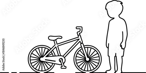 Simple Line Art Child Standing with Bicycle Outline Vector