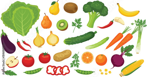 Fresh Fruits and Vegetables Vector Illustration Set Featuring Organic Produce, Garden Harvest, and Healthy Food Ingredients for Cooking, Nutrition, and Grocery Design Projects