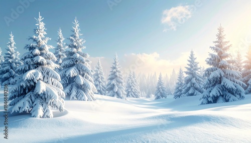 Snow-covered pine forest in winter with soft morning sunlight and clear sky, creating a peaceful, clean, and beautiful natural winter landscape.