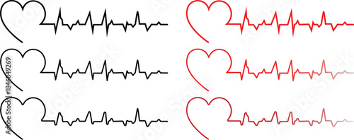 heartbeat line collection with heart symbol, cardiology, medical pulse. Red and black heartbeat and heart rate line concept. love heartbeat  on transparent background
