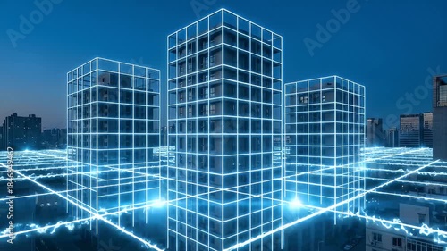 Futuristic Cityscape at Night Featuring Illuminated Modern Skyscrapers Connected by Glowing Blue Digital Network Grids Showing Advanced Urban Technology and Connectivity