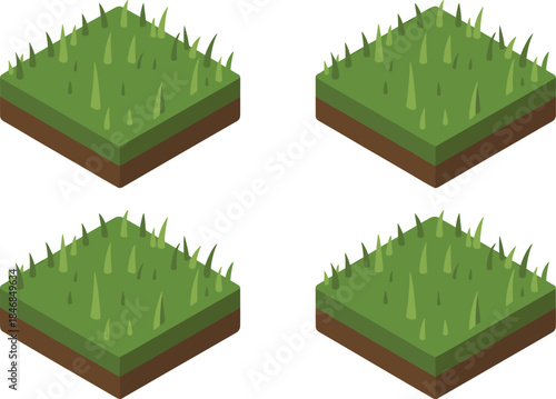 Isometric grass tiles illustration, green terrain blocks set, game environment assets, modular landscape elements, clean vector design
